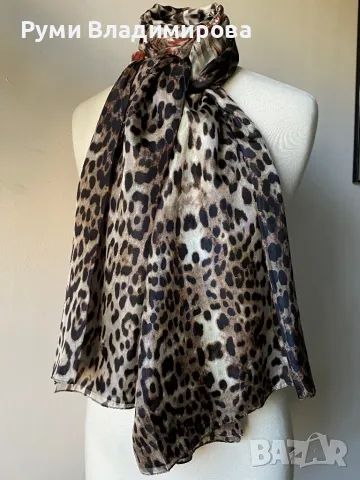 Леопардов шал от 100 % коприна в кафявата гама, снимка 7 - Шалове - 48586386