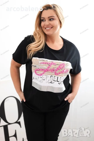 Дамска блуза с големи размери и пайети, 3цвята , снимка 3 - Тениски - 50505868