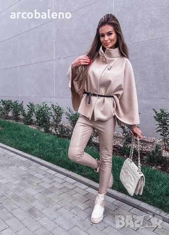 Дамско елегантно бежово пончо с колан , снимка 7 - Туники - 52157846