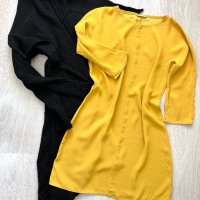 Черна асиметрична жилетка плетиво Benetton & жълта кокетна рокля Vanilia , снимка 9 - Рокли - 43887141