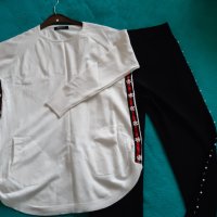 Спортен сет в бяло и черно с над 20% отстъпка- Пуловер/Панталон с перли, снимка 2 - Други - 32700200