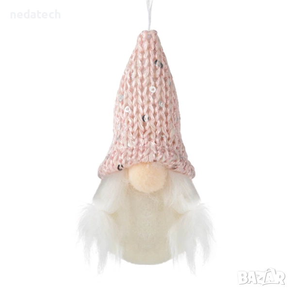 Гном с розова плетена шапка, брада и плитки, 5.5x11cm, снимка 1