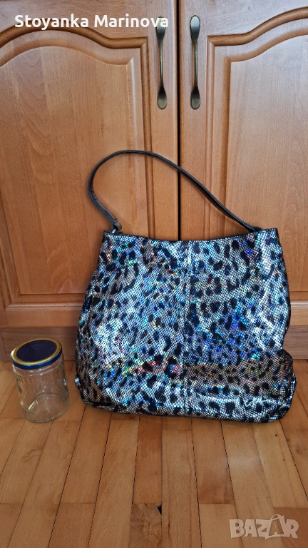 Луксозна нова дамска чанта от естествена кожа с леопардов принт - голяма, снимка 1