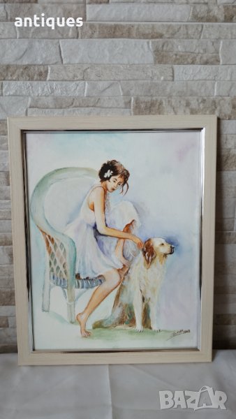 Картина "Момиче с куче" - акварел върху картон - рамкирана, снимка 1