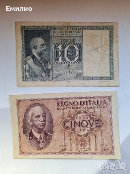 ITALY 🇮🇹 WW2 🇮🇹  СЕТ ОТ ДВЕ БАНКНОТИ 5 ЛИРИ 1940 И 10 ЛИРИ 1944 год , снимка 1