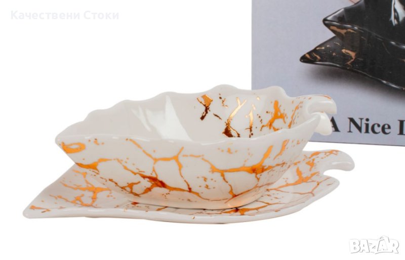 🍽️ Сервиз керамична чиния и купичка във формата на листо, снимка 1