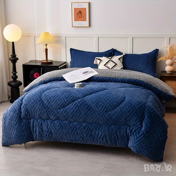 Нов Комплект от 3 части  кадифен дебел дългокосместо  зимно одеяло   + 2 калъфки за възглавници, снимка 1