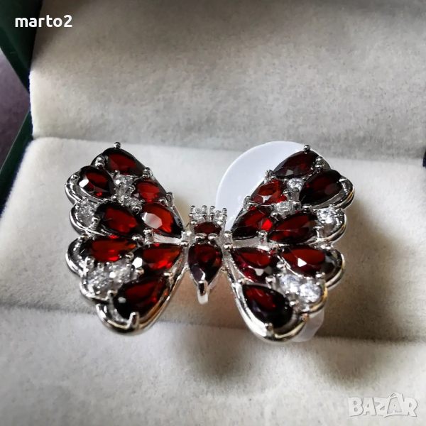 Елегантен сребърен 925 пръстен "Пеперуда" с родиево покритие и Натурални Гранати и Циркони!, снимка 1
