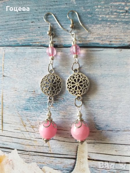 Красиви дълги обици с камъни Розов Жадеит и орнаменти в цвят Сребро , снимка 1