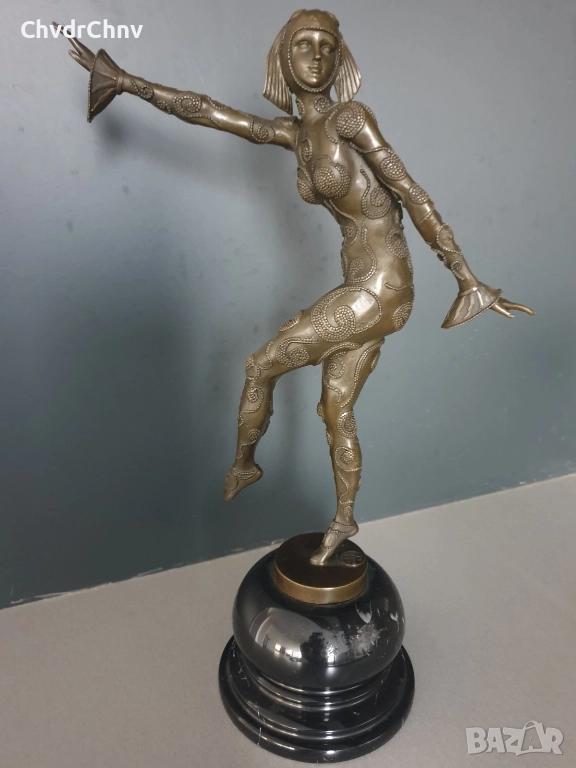 39см-5кг Chiparus статуетка/френска бронзова скулптура/Арт Деко фигура кабаретна танцьорка-балерина, снимка 1