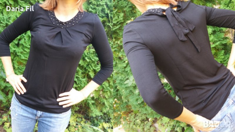 Черна блузка със 7/8 дължина на ръкава и панделка на гърба, снимка 1