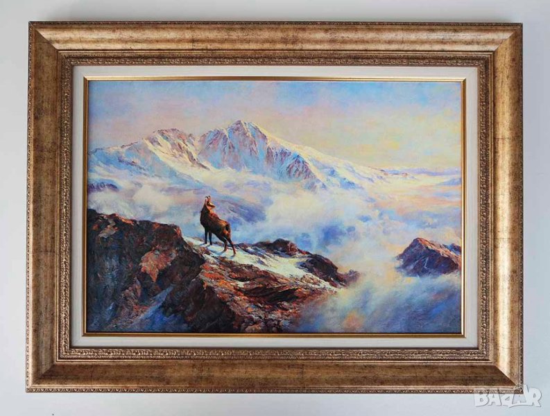 Планински, зимен пейзаж с дива коза, картина, снимка 1