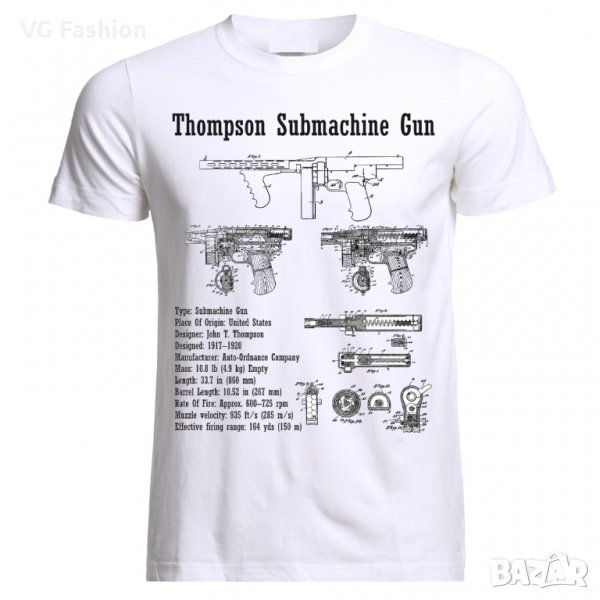 Мъжка Тениска Thompson Submachine Gun Tommy Gun Mafia Blueprint Patent Maschinenpistole, снимка 1