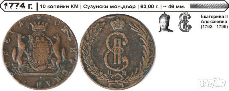 Русия - 10 копейки 1774 КМ , снимка 1