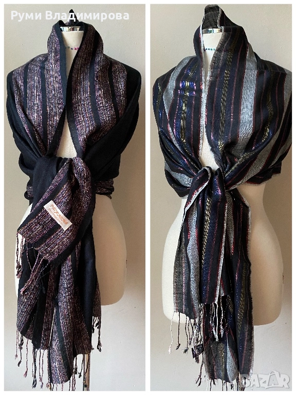 Черен, блестящ шал  от 70 % пашмина и 30 % коприна, снимка 1