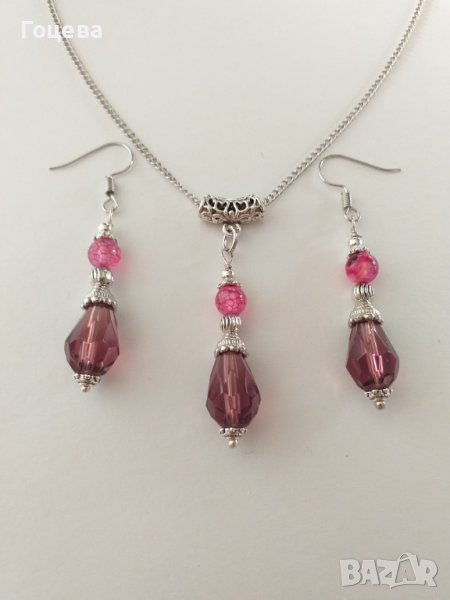Красив комплект бижута обеци и колие с кристали бордо и Ахат Драконови вени, снимка 1