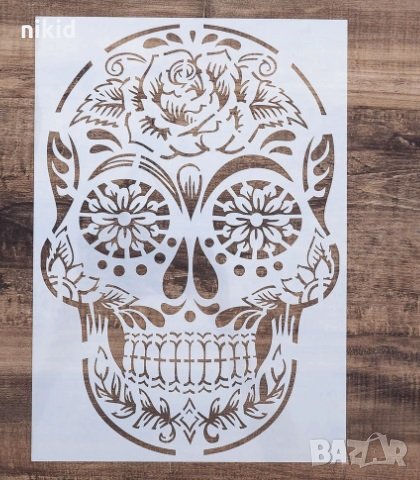 Голям череп Скелет с роза стенсил шаблон за спрей за торта украса Scrapbooking, снимка 1