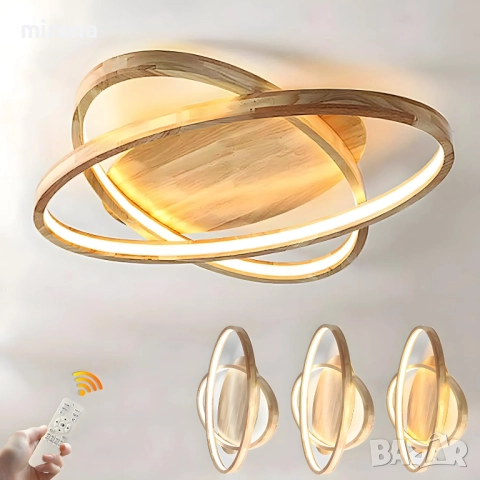 ЛЕД LED дървена таванна лампа полилей, 52см димируема дистанционно 221, снимка 5 - Лампи за таван - 51556268