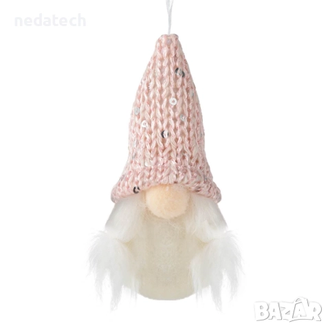 Гном с розова плетена шапка, брада и плитки, 5.5x11cm