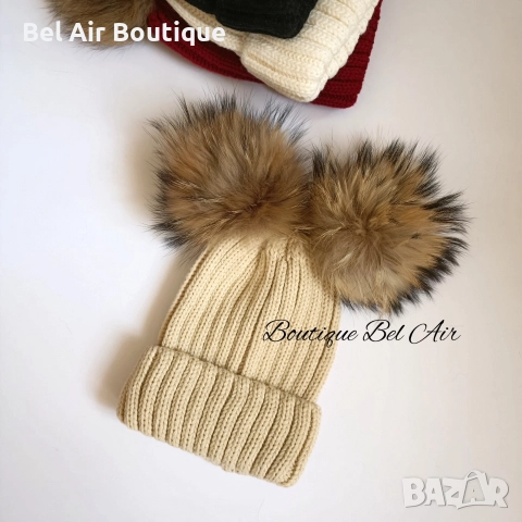 Зимна шапка с помпони от естествен косъм, зимни шапки, естествен пух, снимка 4 - Шапки - 52626026