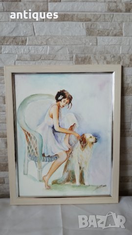 Картина "Момиче с куче" - акварел върху картон - рамкирана, снимка 1 - Картини - 35141816