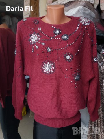 УНИКАЛНО КРАСИВА блуза плетиво в цвят бордо, обшита със сребристи камъни и синци , снимка 1