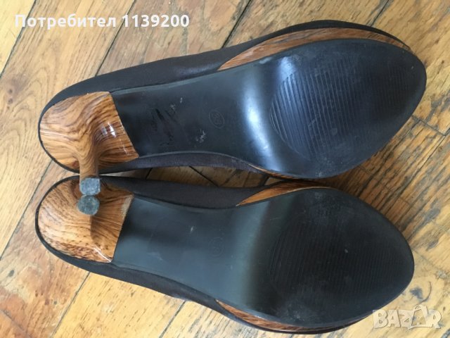 Сатенени черни официални обувки 38 с висок ток и платформа махагон, снимка 6 - Дамски обувки на ток - 27139376