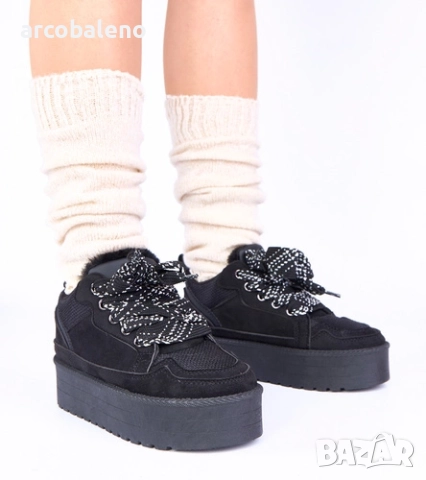 Черни кецове на платформа Sesuna с декоративни връзки, снимка 3 - Кецове - 52618849