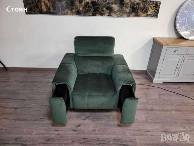 Зелен фотьойл от плат с електрически релаксиращ механизъм, снимка 11 - Дивани и мека мебел - 51955468