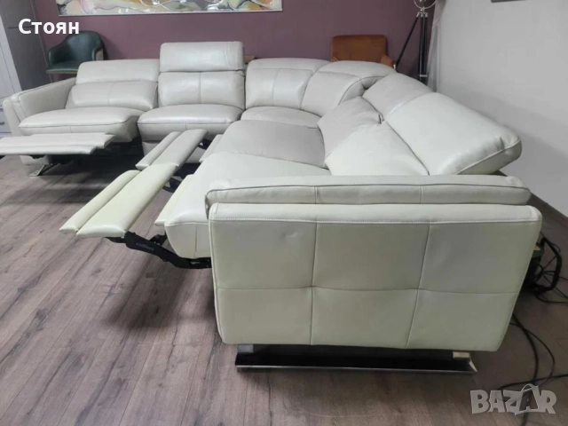 Кремав кожен ъглов диван с електрически релаксиращ механизъм, снимка 3 - Дивани и мека мебел - 51897102