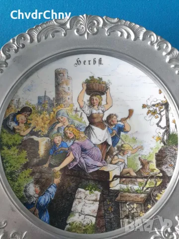 4бр Seltmann немска колекционерска декоративна порцеланова чиния-картина/сезони/калаена рамка/калай, снимка 5 - Картини - 48041363