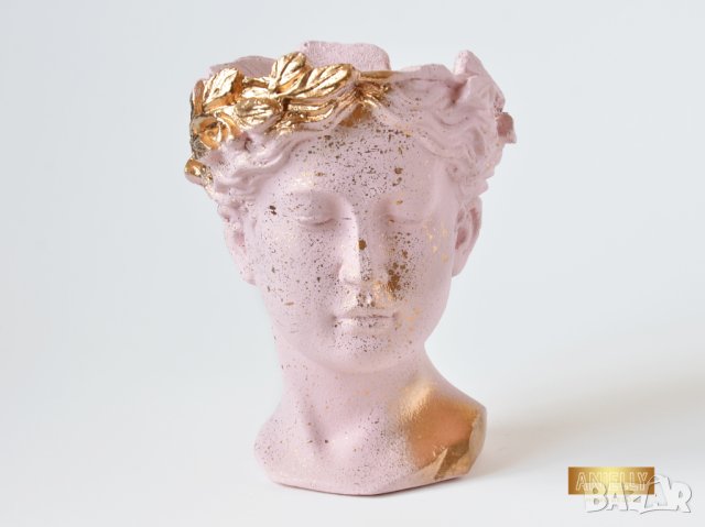 Саксия глава на гръцка богиня / Ваза Венера / Декоратив саксия за цветя в цвят розово и златно, снимка 5 - Декорация за дома - 40521922