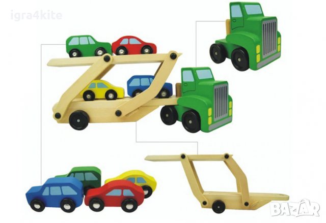 Подвижен Дървен Автовоз камион с 4 колички и голяма дървена платформа , снимка 4 - Образователни игри - 36583993