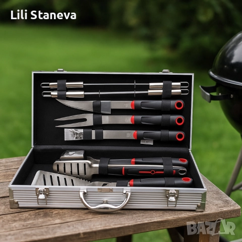 Луксозен комплект от 11 инструмента за барбекю в алуминиев куфар. , снимка 6 - Куфари с инструменти - 51772625