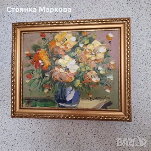 Рисувана картина ваза с цветя върху плат