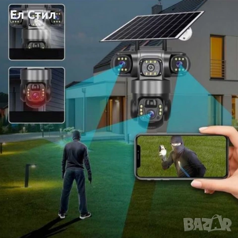 Соларна камера Lylu 4G със SIM и 4 лещи – автономно наблюдение без ток и Wi‑Fi, снимка 4 - IP камери - 53565506