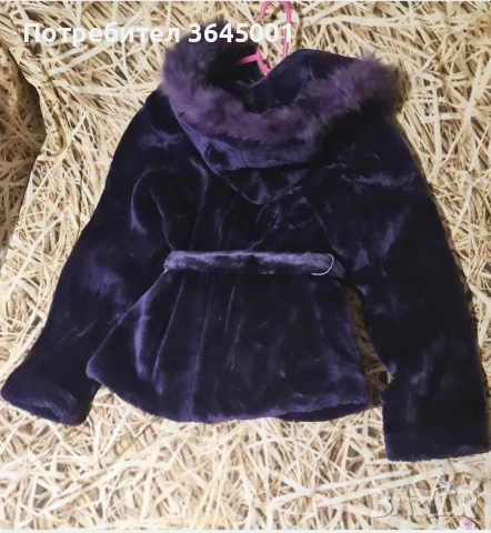 Зимно дебело дамско еко палто в цвят лилаво мастило, с естествен пух по качулката. S/M Ново , снимка 5 - Якета - 53275309