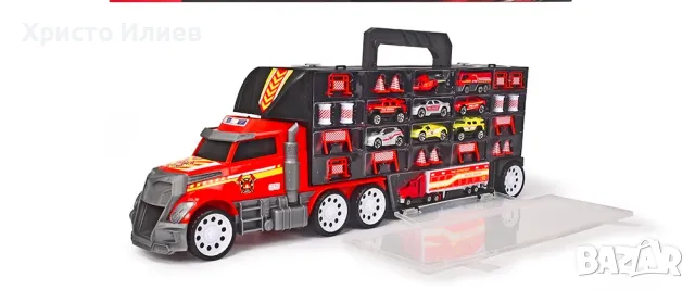Автовоз Голям Камион с колички Dickie Toys пожарна кола с 9 коли и 18 аксесоара, снимка 4 - Коли, камиони, мотори, писти - 48877355