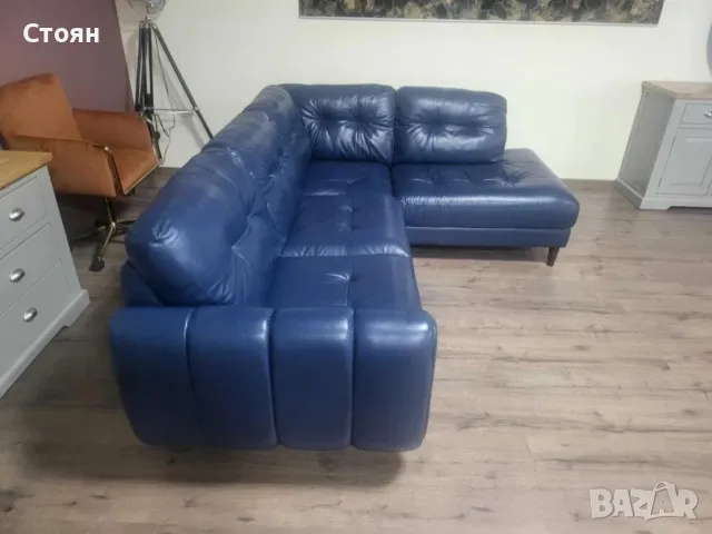 Син кожен ъглов диван, снимка 11 - Дивани и мека мебел - 49329665