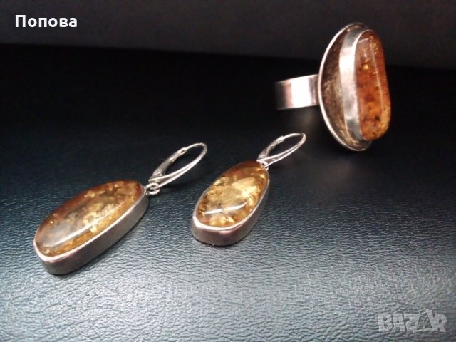 Дизайнерски сребърен комплект  с естествен кехлибар/обеци и пръстен/, снимка 2 - Бижутерийни комплекти - 28352757