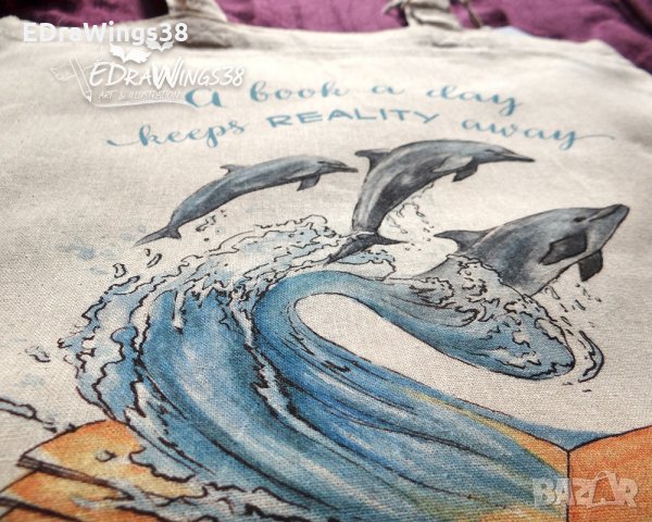 Текстилна чанта / торба за пазар с дълги дръжки "Делфини" /принт, авторска илюстрация/, снимка 5 - Чанти - 27069637
