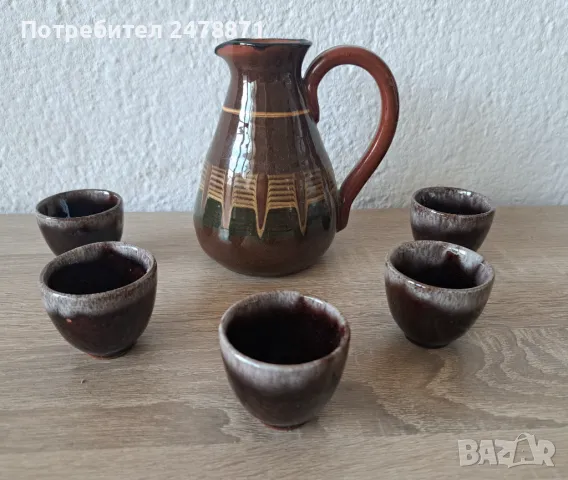 Керамична каничка с чашки, снимка 2 - Антикварни и старинни предмети - 47470902