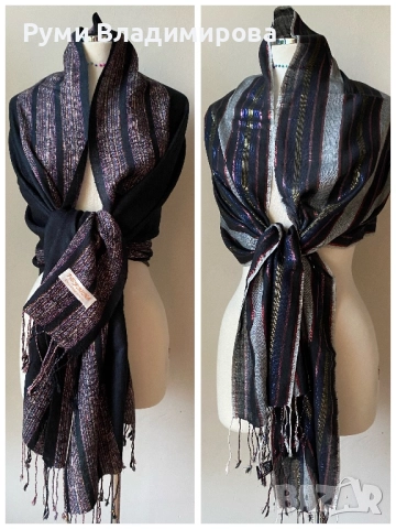 Черен, блестящ шал  от 70 % пашмина и 30 % коприна