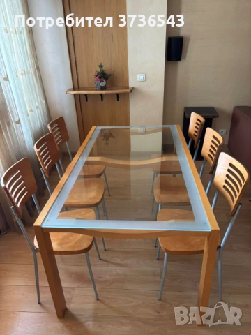 Стъклена трапезна маса 160×90 + 6 стола, дъб/метал, снимка 2 - Маси - 53154772