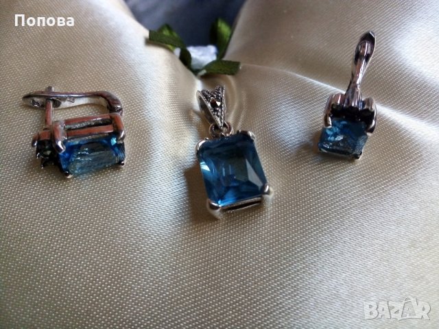 Сребърен комплект  с топази и марказити/обеци и медальон/, снимка 2 - Бижутерийни комплекти - 28975663