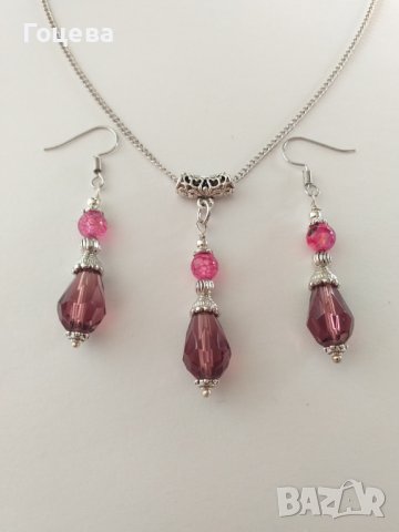 Красив комплект бижута обеци и колие с кристали бордо и Ахат Драконови вени