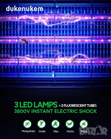 Електрическа LED лампа против комари и мухи 3800V с 3 UV LED крушки, снимка 3 - Друга електроника - 53093993