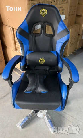 Ергономичен геймърски стол с масажна функция и поставка за крака – черно-син, снимка 2 - Столове - 53448885