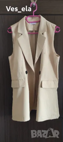 светло бежаво дълго сако с двуредово закопчаване , снимка 7 - Сака - 47368335