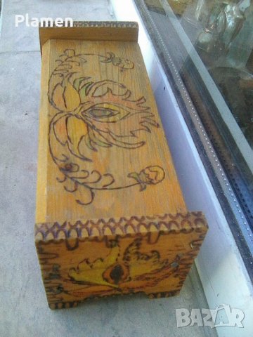 Стара българска дървена пирографирана кутия за бижута тип ракла, снимка 5 - Други ценни предмети - 37387335